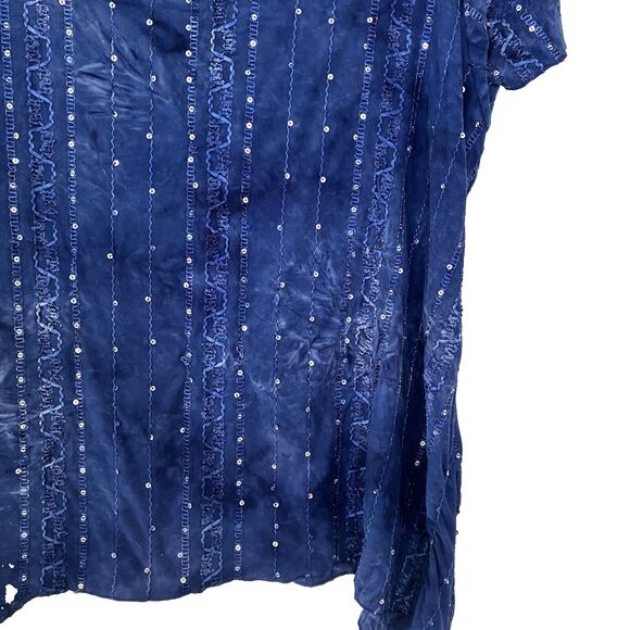 SHANNON FORD NEW YORK 3X Blue Stretch AB Sequin Short Sleeve Knit Top Tie Dyed - Picture 2 of 5
